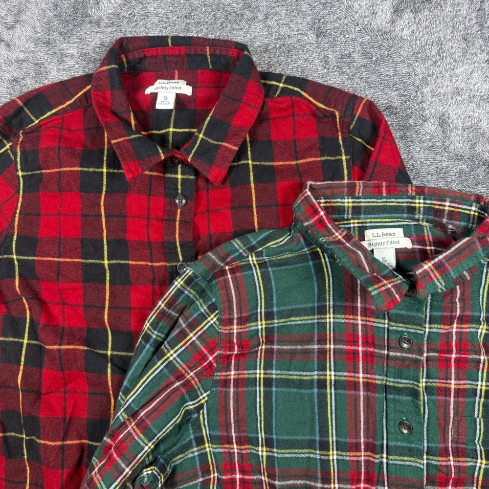 Lot of 2 LL Bean Slightly Fitted Flannel Shirts Womens XL Red Green Plaid Cotton